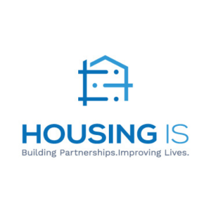 Logo for Housing Is, white background with blue text and the outline of a house.